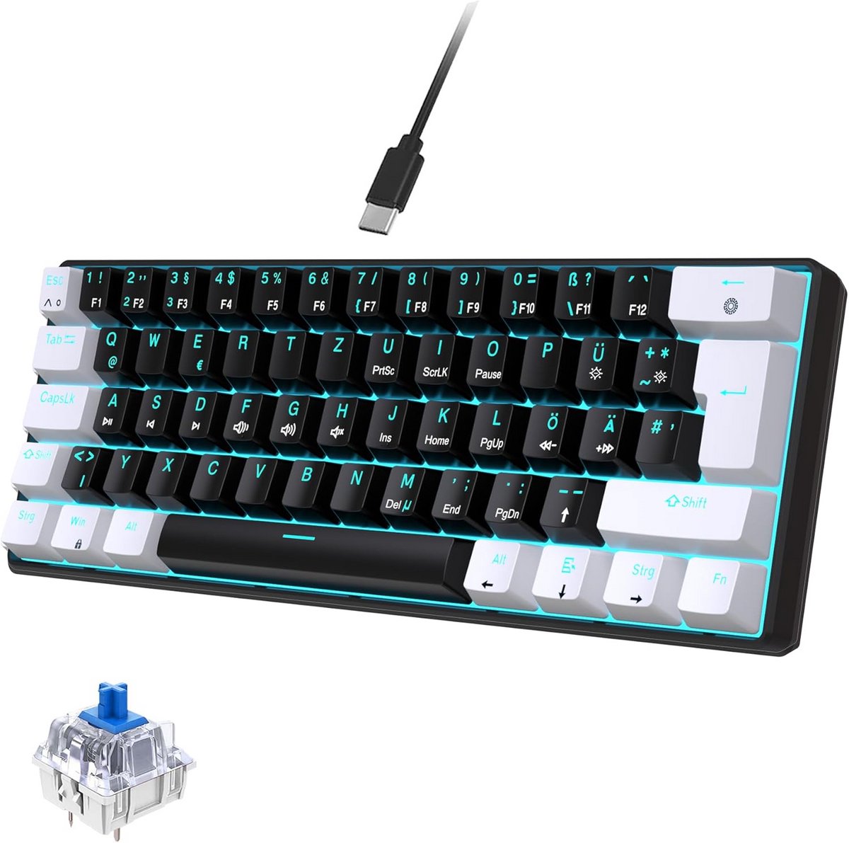 60% Mechanisch Gaming Toetsenbord QWERTZ Compact met Blauwe Switches en LED Verlichting
