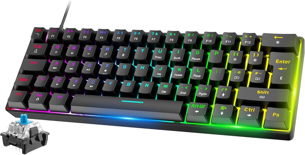 Mini 60% Gaming Toetsenbord met RGB Verlichting en Blue Switches