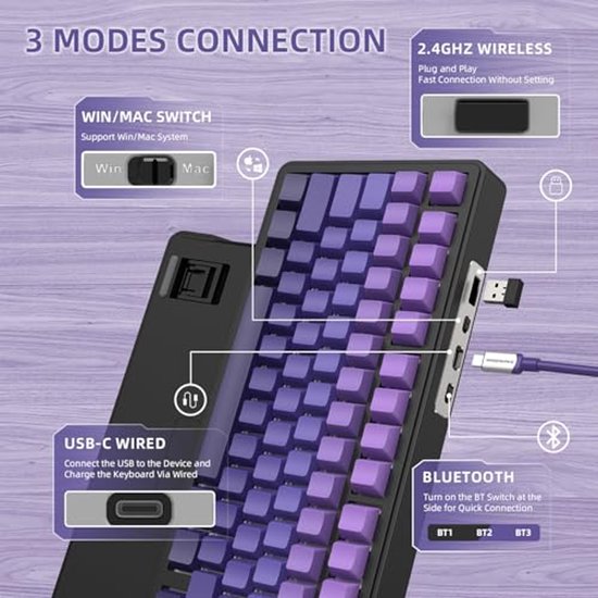 Draadloos Gaming Toetsenbord 75% - Mechanisch met RGB Verlichting, Hot-swap Switches en PBT Keycaps