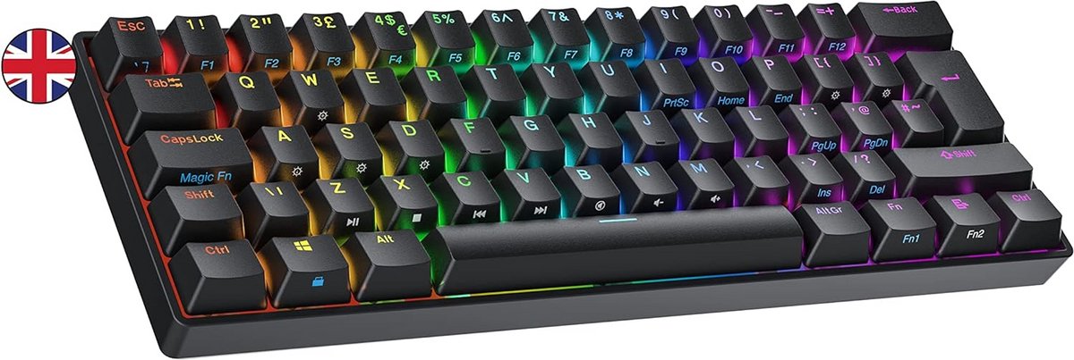 60% Mechanisch Gaming Toetsenbord Hot-Swappable met 62 Toetsen QWERTY ISO UK & RGB Verlichting