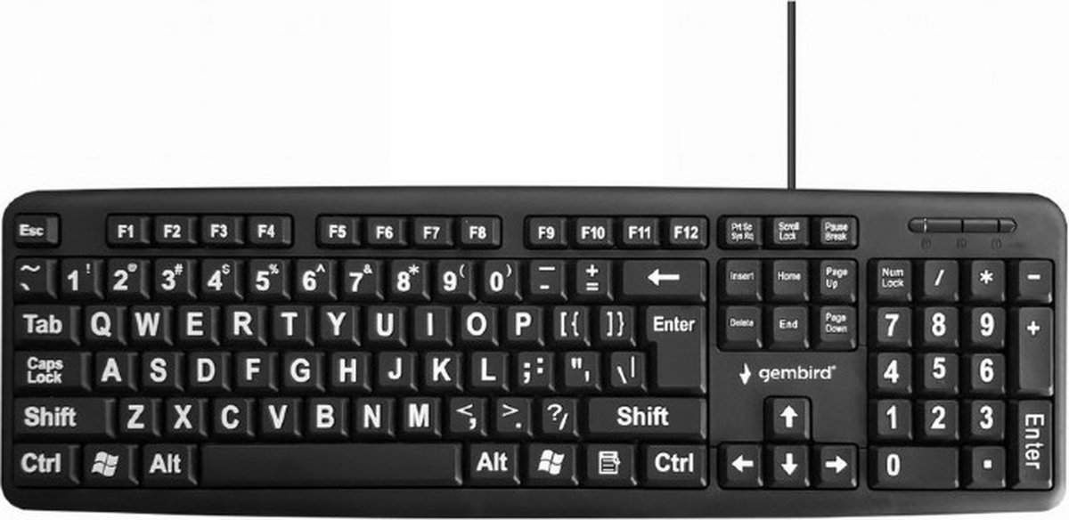 Gembird bedraad USB toetsenbord met grote letters - QWERTY (US) / zwart - 1,5 meter
