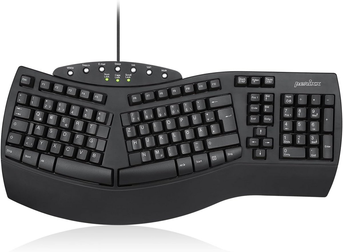 Ergonomisch Toetsenbord QWERTZ Duits – Gedeeld Toetsenveld voor Tennisarm – USB, Zwart