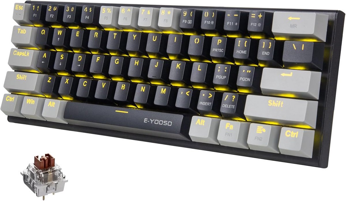 60% Mechanisch Toetsenbord Compact USB Bedraad met Bruine Schakelaars en Gele Achtergrondverlichting