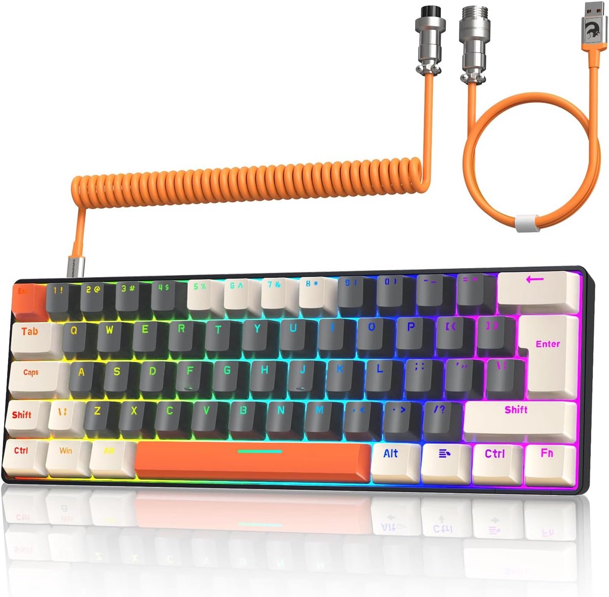Compact 60% Mechanisch Gaming Toetsenbord met Blauwe Switches en Coiled USB-C Kabel - QWERTY Layout