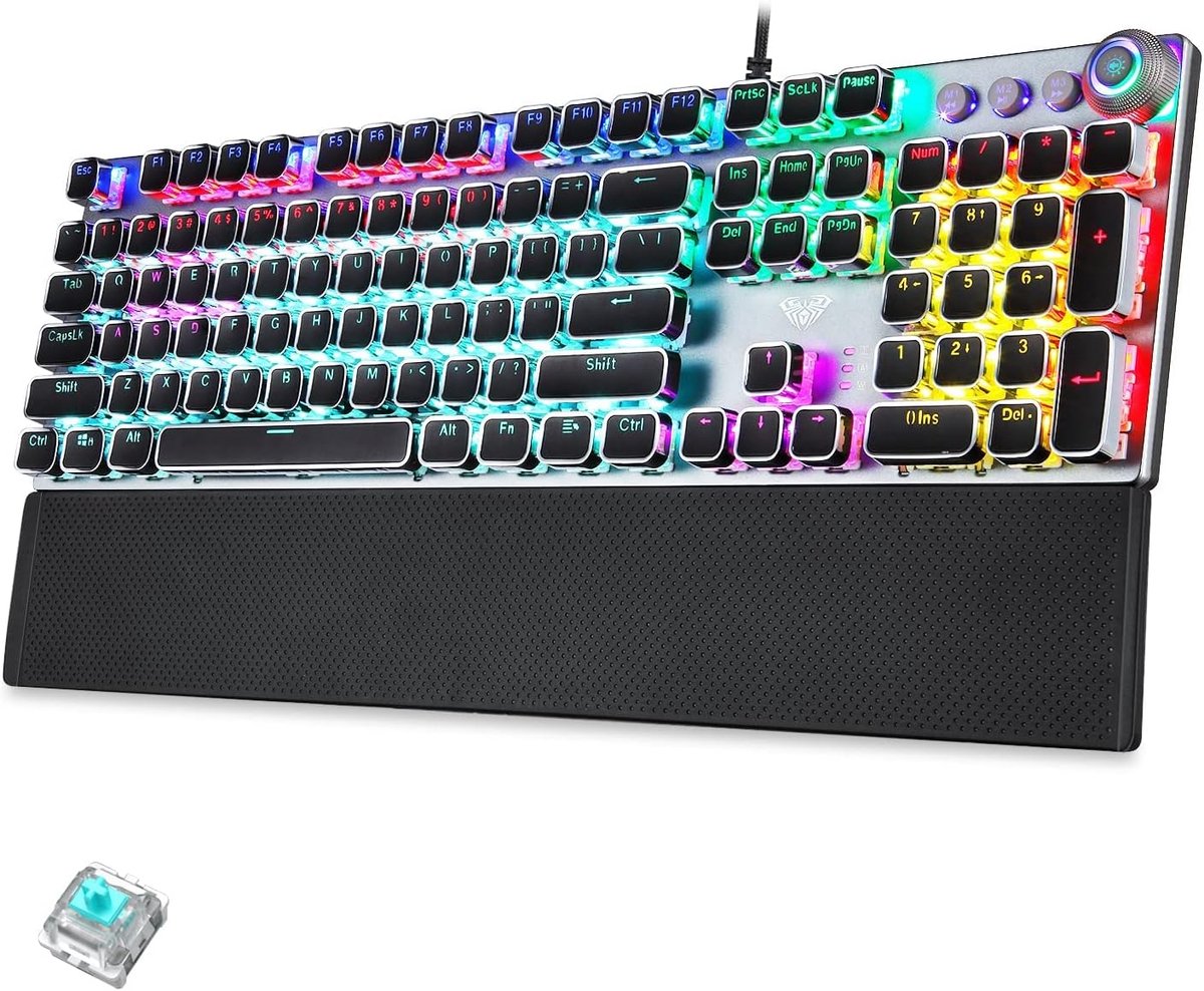 Mechanisch Gaming Toetsenbord met Blauwe Schakelaars, RGB Lichteffecten en Draaiknop