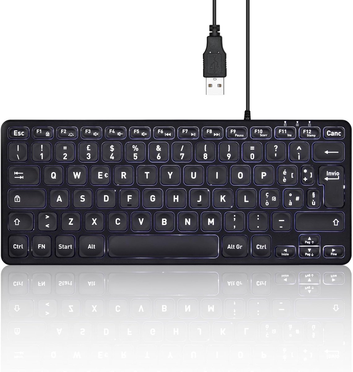 Mini USB Toetsenbord met Witte Achtergrondverlichting en Grote Letters - Italiaans AZERTY Layout