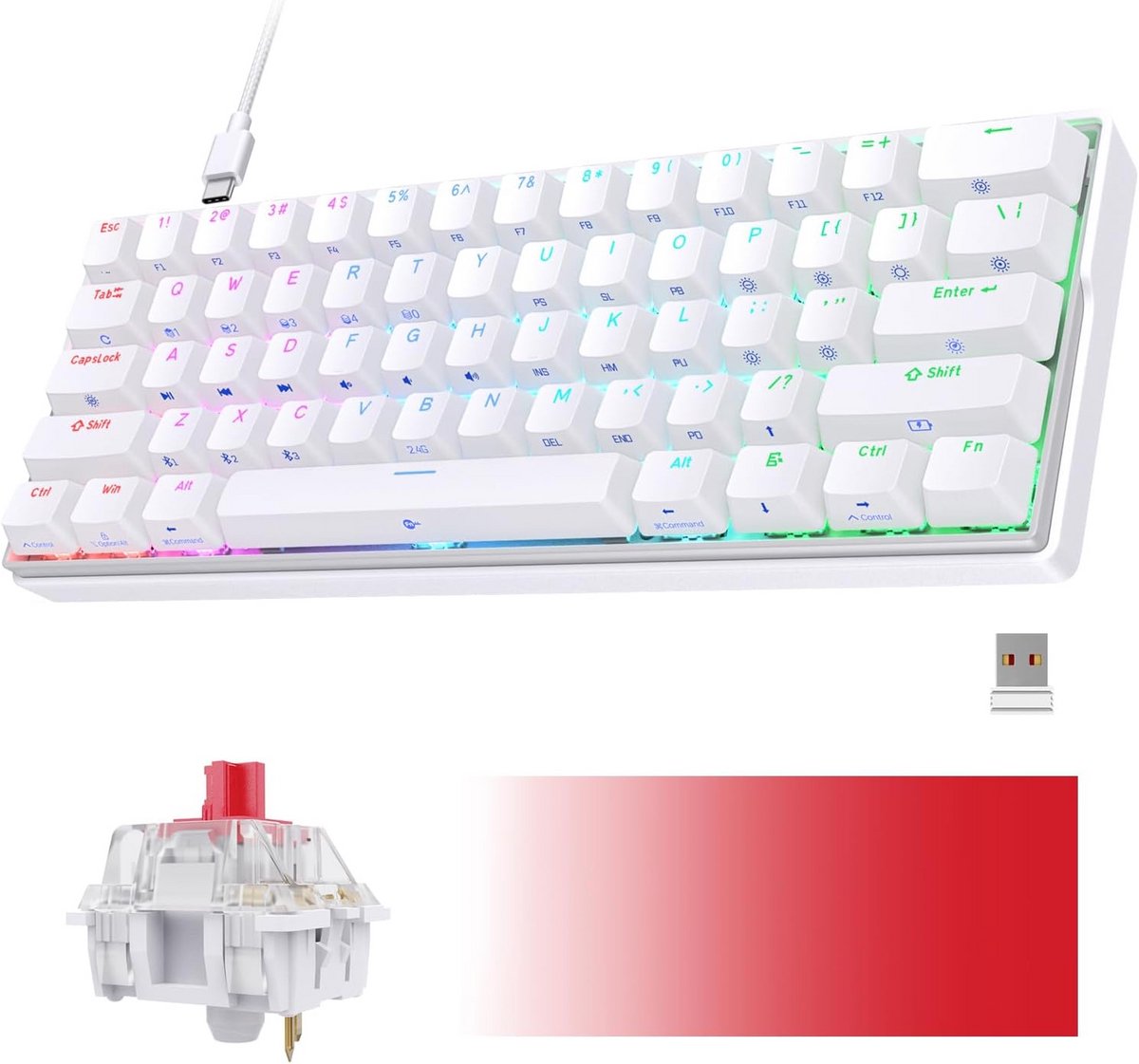 Draadloos 60% Mechanisch Gaming Toetsenbord Hotswap QWERTY In Wit