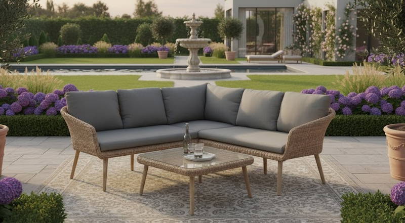 Mira coffee corner set 3pcs light yellow alu/natural wicker/acacia teak look Eurofar - Eurofar