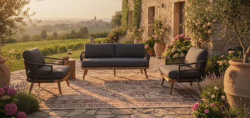 Maui lounge set 3pcs black alu/black wicker/acacia teak look Eurofar - Eurofar