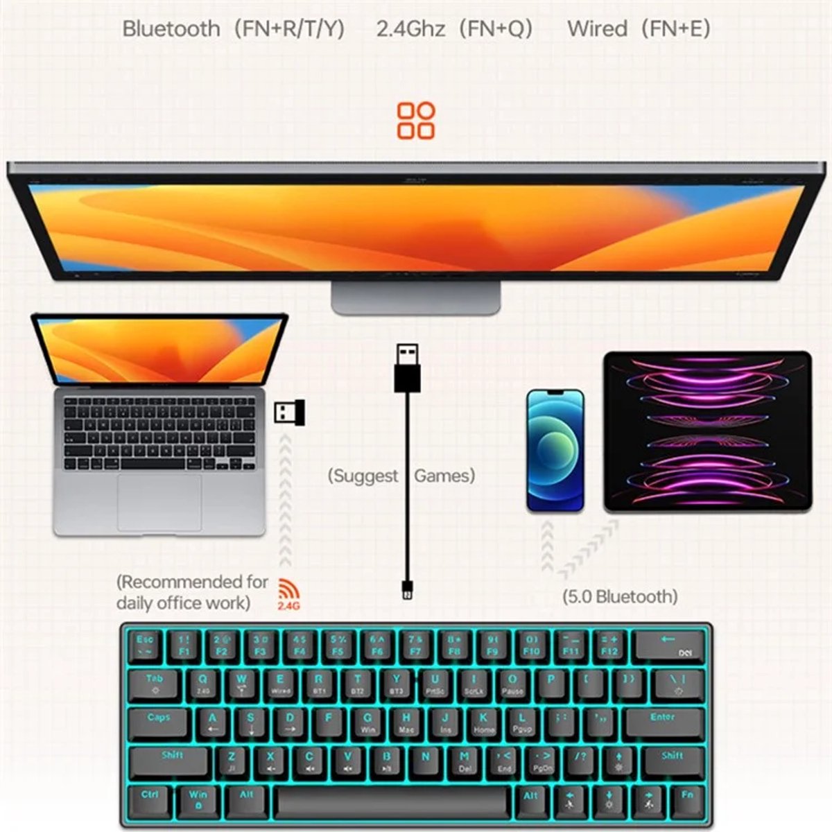 T-WOLF T30 Bluetooth Toetsenbord – Compact - Draadloos - RGB Verlicht