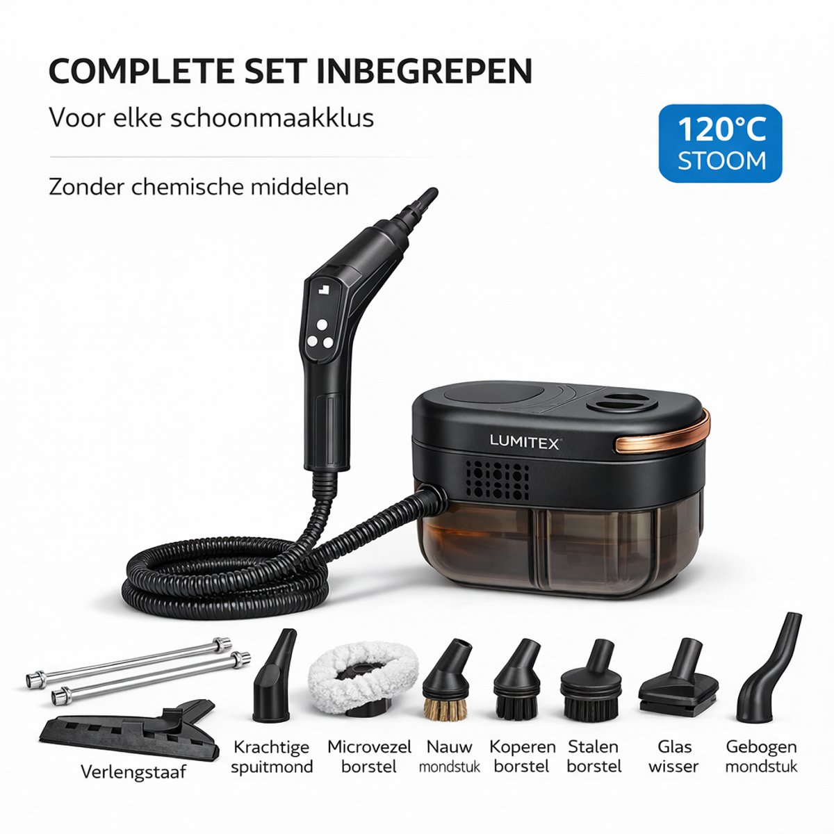 Stoomreiniger 120°C - Krachtige Stoomreiniger - 10 Opzetstukken - Lumitex