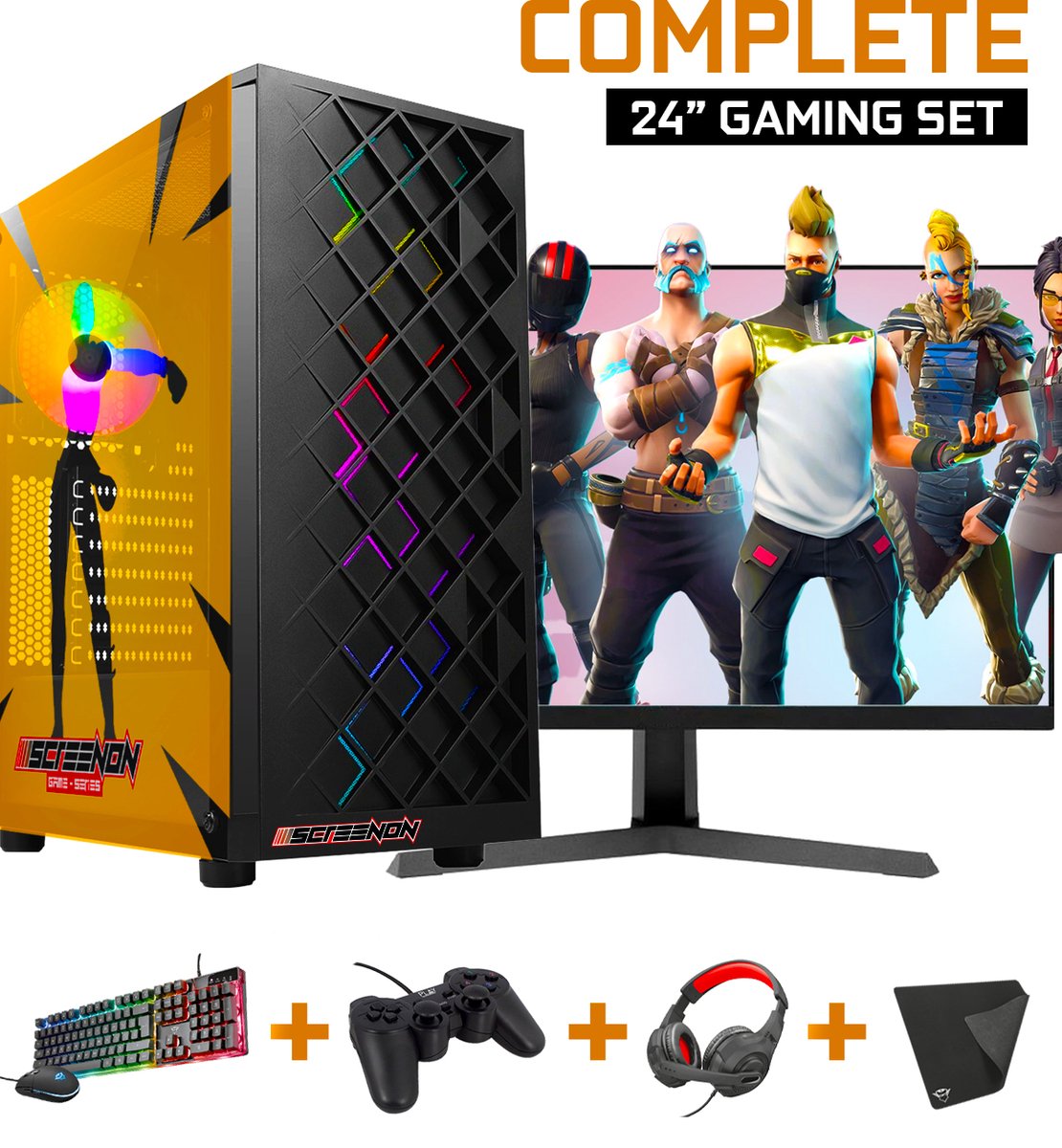 ScreenON - Complete Fortnite Gaming PC Set - V1 (24 Inch Monitor + Toetsenbord + Muis + Controller )