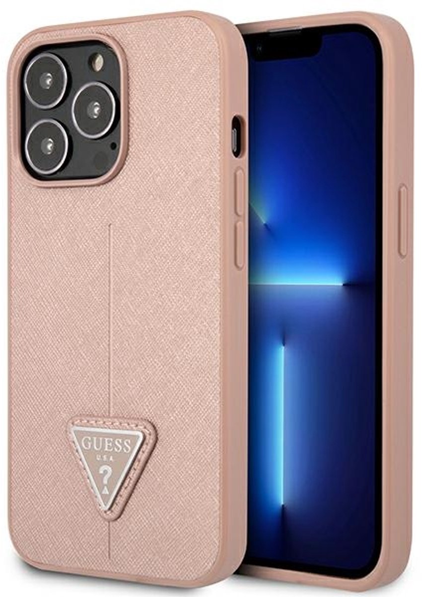 Guess Saffiano Serie - iPhone 14 Pro Hoesje - Triangle Logo - Roze