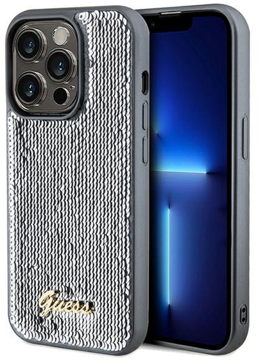 Guess Sequin Script Metal - iPhone 14 Pro Max Hoesje - Sieradenstijl - Glimmend Zilver - Hardcase