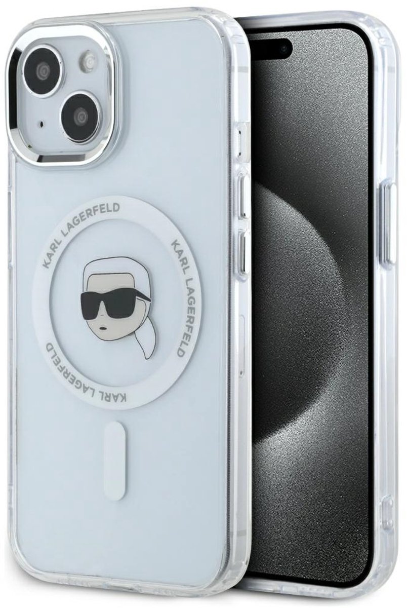 Karl Lagerfeld IML Metaal - iPhone 15 Hoes - MagSafe - Wit