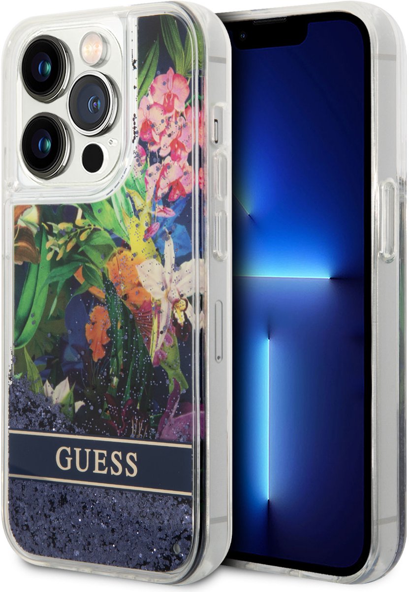Guess Flower Liquid Glitter - iPhone 14 Pro Hoesje - Blauw - Kleur