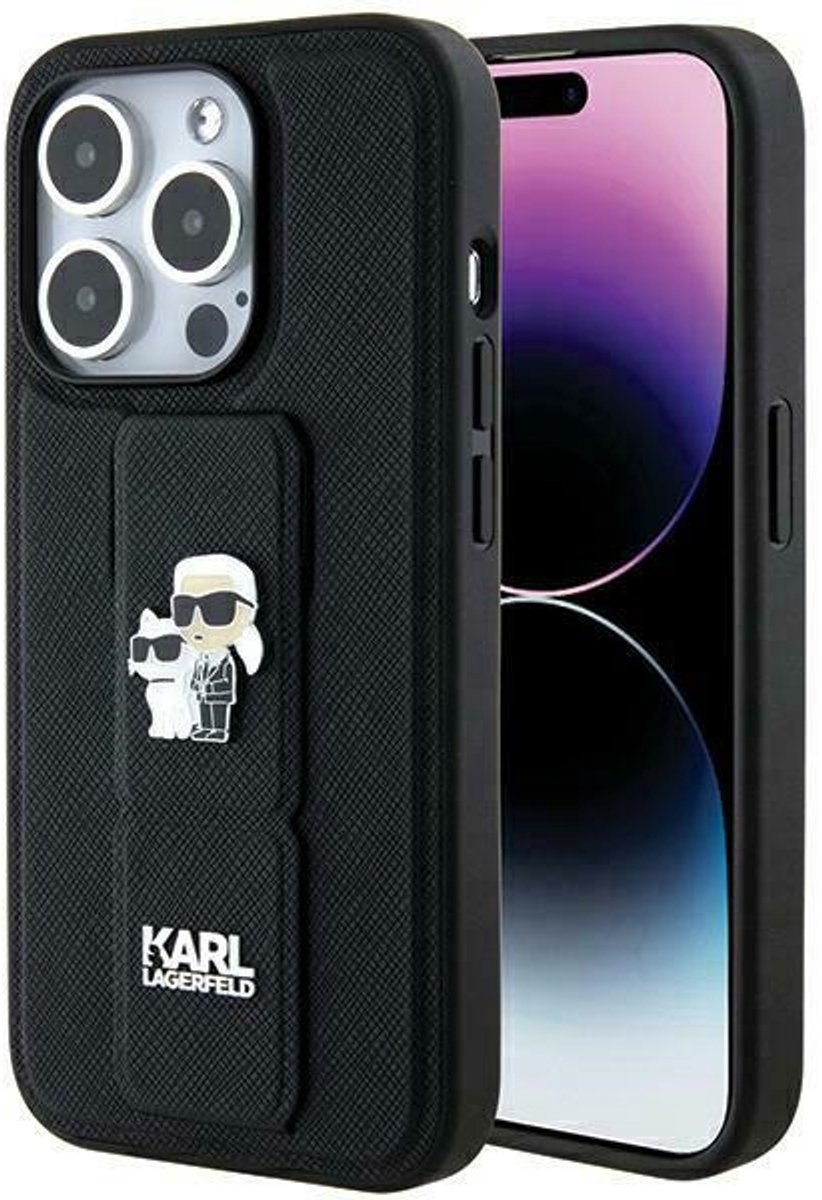 Karl Lagerfeld Gripstand Saffiano - Smartphonehoesje - iPhone 13 Pro - Zwart - Karl & Choupette Pins