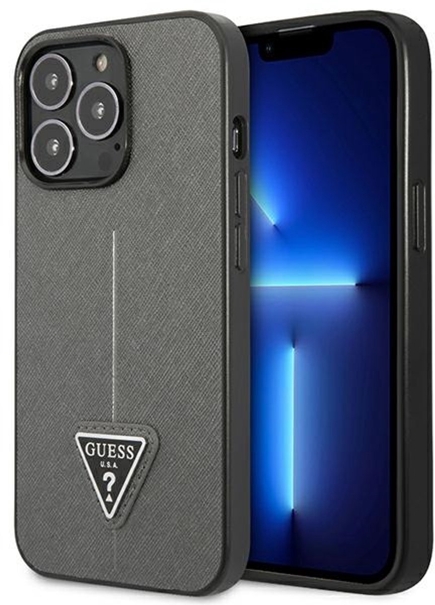 Guess Saffiano - iPhone 14 Pro Max Hoesje - Zilver - Driehoek Logo - Saffiano Leer