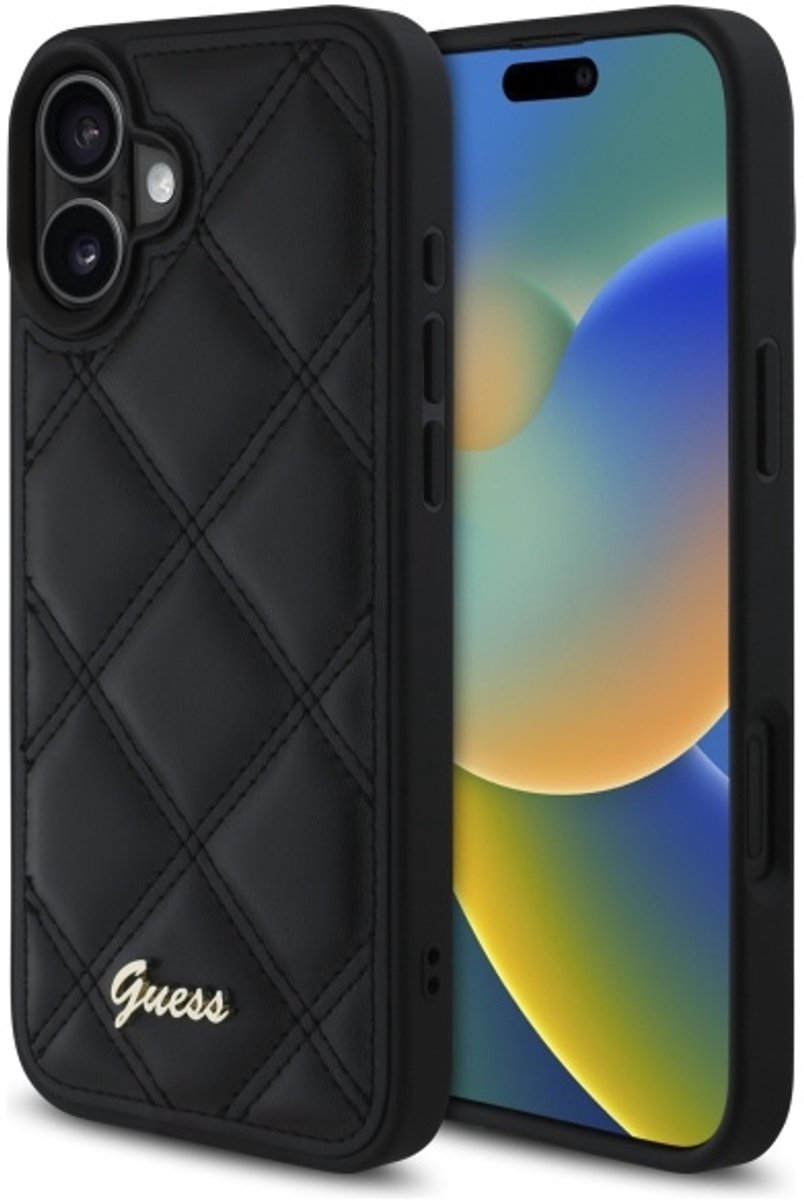 Guess Quilted Serie - Luxe Telefoonhoesje - iPhone 16 - Zwart - Metaal Logo