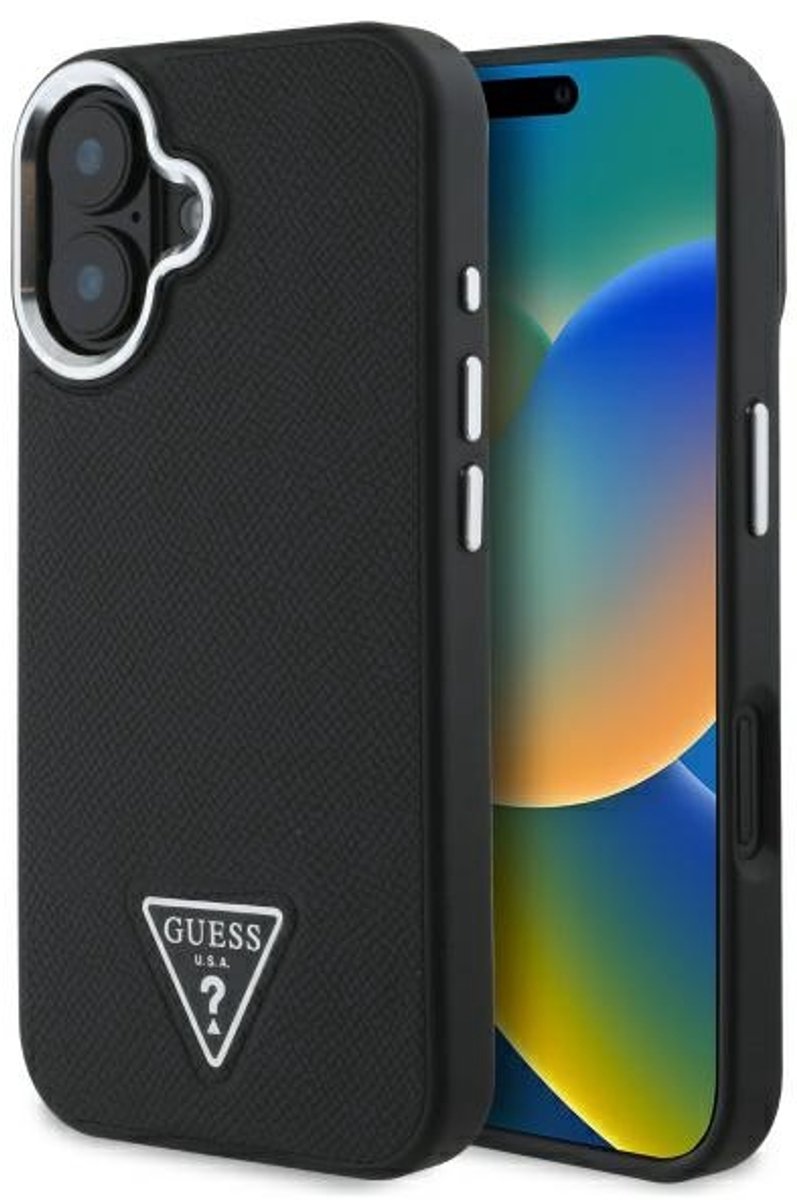 Guess Grained Triangle - Smartphone Hoesje - MagSafe - Zwart - iPhone 16 Plus