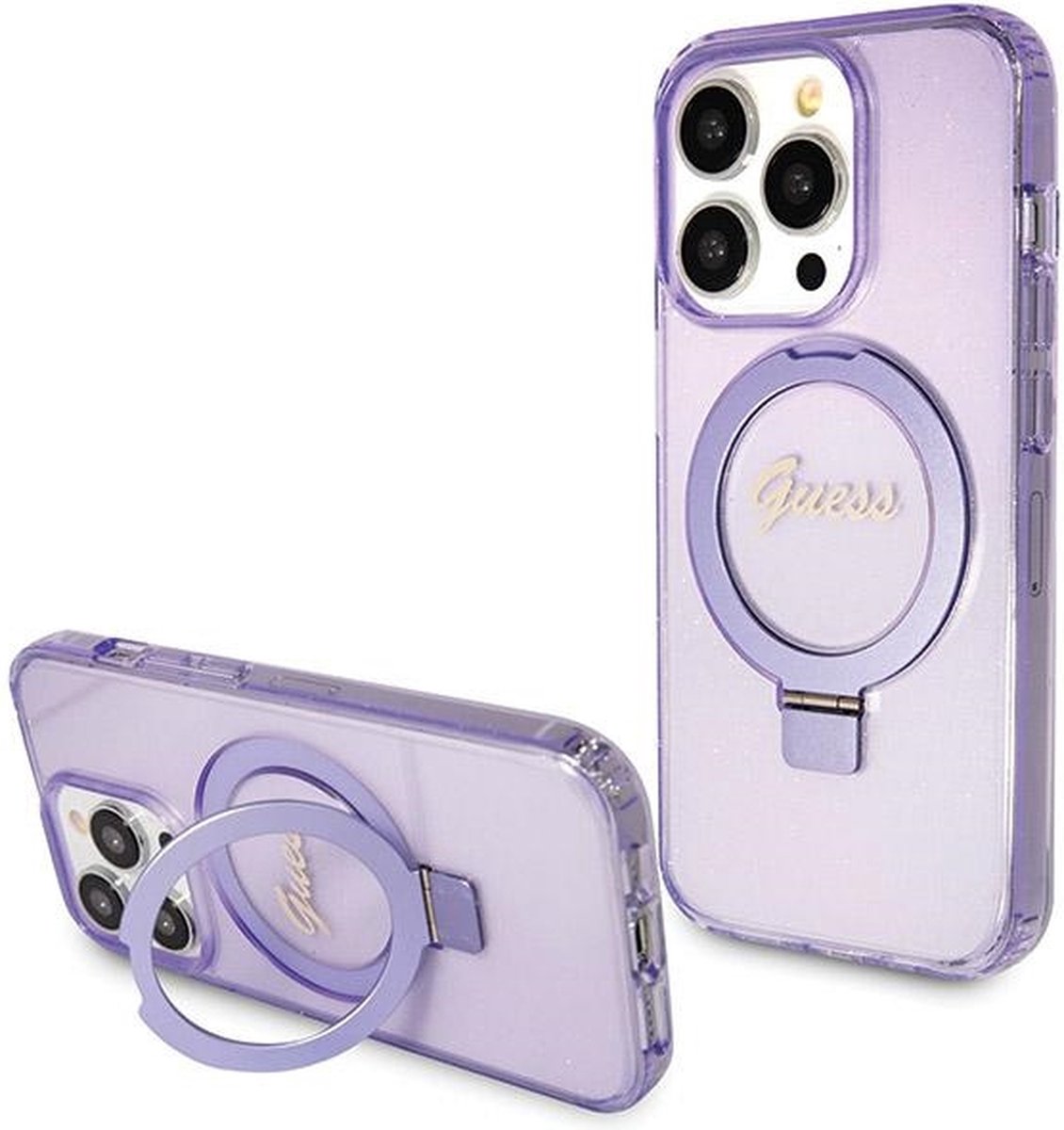 Guess Ring Stand Serie - Glitter Hoesje - iPhone 14 Pro Max - Fiolet - MagSafe