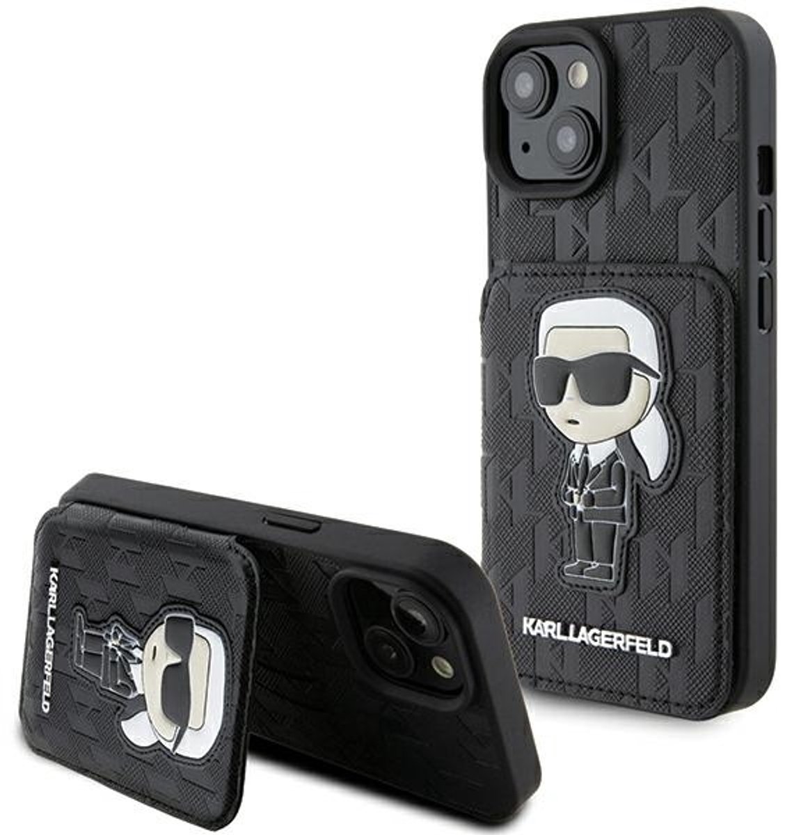 Karl Lagerfeld Saffiano Serie - iPhone 15 Hoesje - Kaartsleuven - Standaardfunctie - Zwart