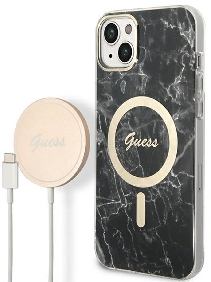 Guess Marble Serie - iPhone 14 Plus Hoesje - MagSafe - Zwart - Marble Effect