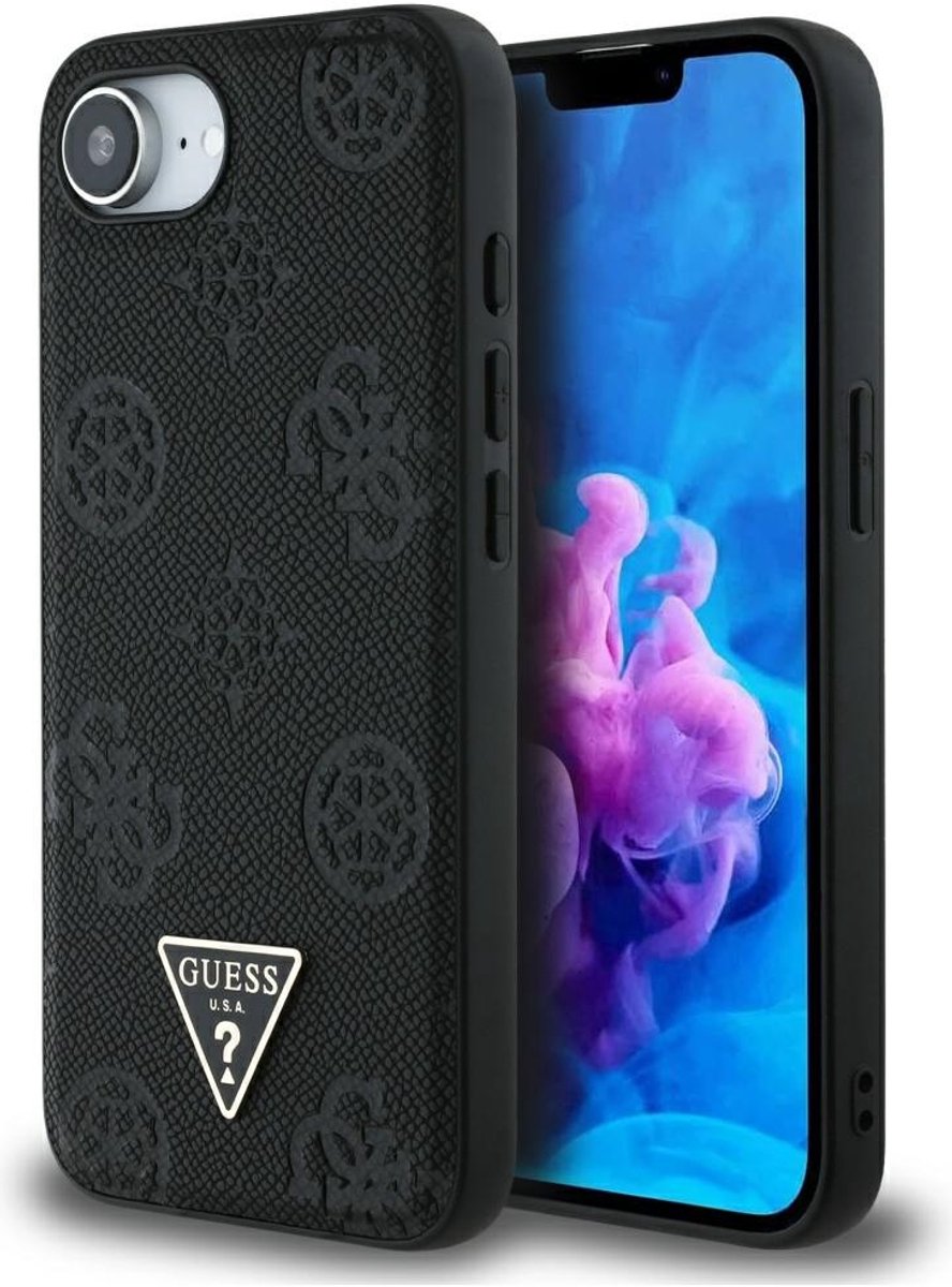 Guess - Grained Hot Stamp Peony - iPhone 16e Hoesje - MagSafe - Zwart