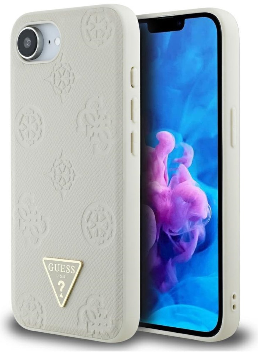 Guess Grained Hot Stamp Peony Triangle Logo - iPhone 16e Hoesje - MagSafe - Beige
