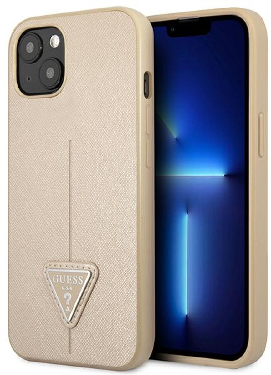 Guess Saffiano Triangle - iPhone 14 Plus Hoesje - Uniek Design - Beige Kleur