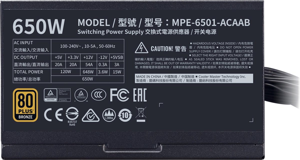 Coolermaster MWE 650 Bronze V2 power supply unit 750 W 20+4 pin ATX ATX - Zwart