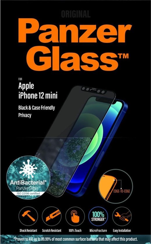 PanzerGlass Anti-bacteriëlee Case Friendly met Privacyglas voor Apple iPhone 12 mini - Zwart