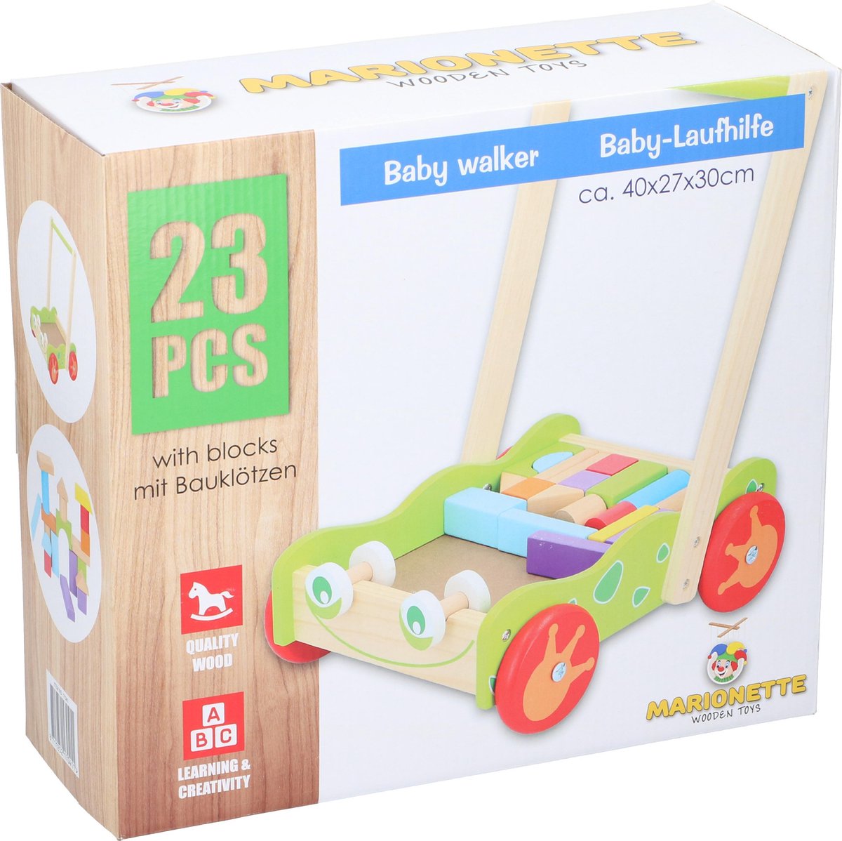 MaxiMondo Marionette Wooden Toys Loopwagen - Babywalker Met Houten Blokken - 23-delig - Beige