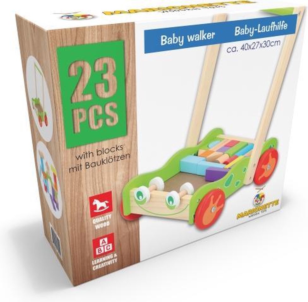 MaxiMondo Marionette Wooden Toys Loopwagen - Babywalker Met Houten Blokken - 23-delig - Beige