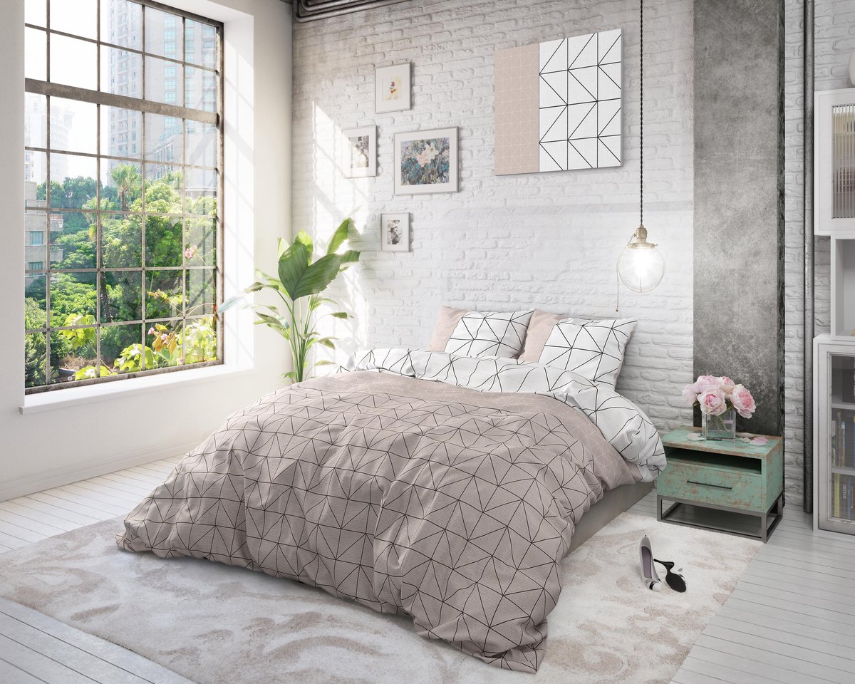 Sleeptime Geometric - Verwarmend Flanel - Taupe 2-persoons (200 x 200/220 cm + 2 kussenslopen) Dekbedovertrek