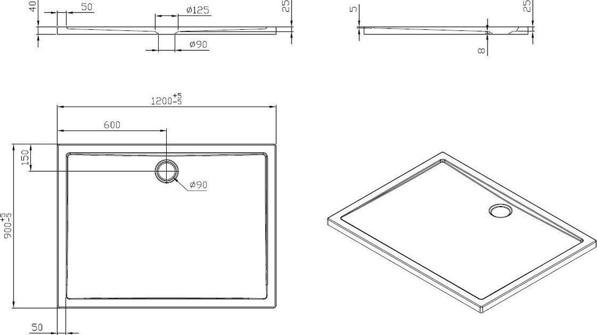 Wiesbaden douchebak acryl 120x90x4 21.3515 - Wit