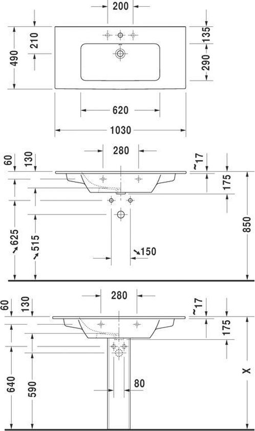 Duravit ME by Starck meubelwastafel 103x49cm met 1 kraangat met overloop 2336100000 - Blanco