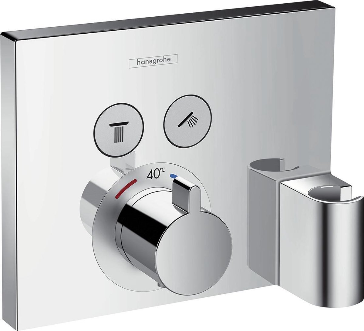 Hansgrohe ShowerSelect afbouwdeel voor inbouwkraan thermostatisch met omstel voor 2 douchefuncties incl. Porter wandhouder en Fixfit muuraansluitboch chroom 15765000