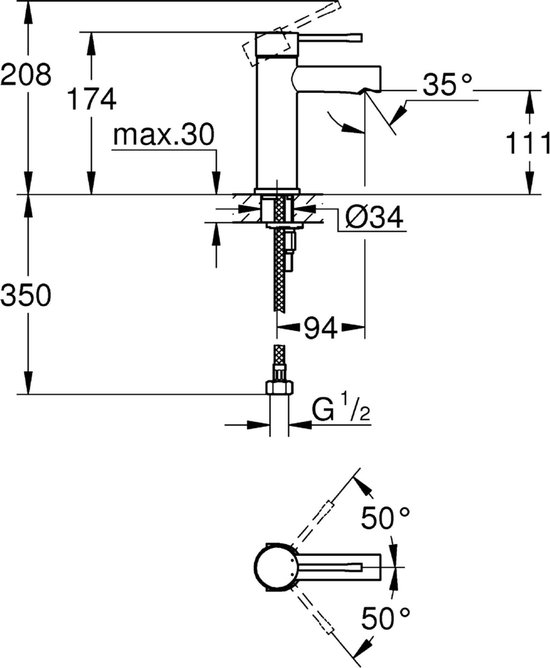 Grohe Essence New 1 gats wastafelkraan S size EcoJoy met 28mm cartouche chroom 34294001