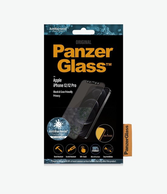PanzerGlass Anti-bacteriëlee Case Friendly met Privacyglas voor Apple iPhone 12/12 Pro - Zwart