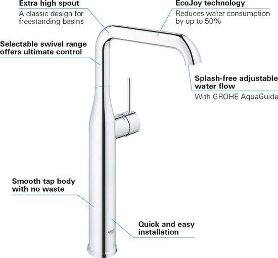 Grohe Essence New 1 gats wastafelkraan XL met hoge draaibare uitloop EcoJoy met 28mm cartouche chroom 32901001