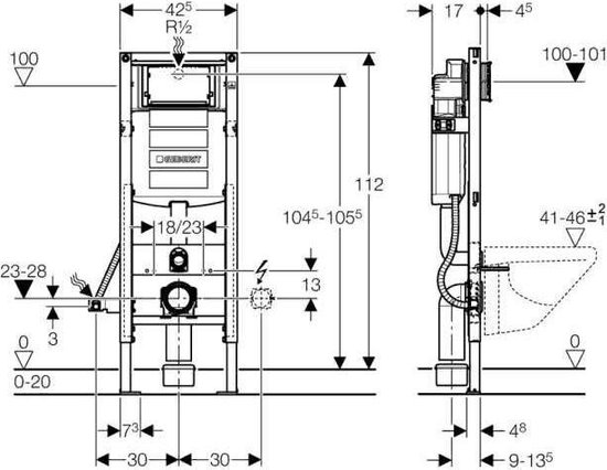 Geberit Duofix wc element H112 inclusief reservoir UP320 hoogte verstelbaar 111350005 - Wit