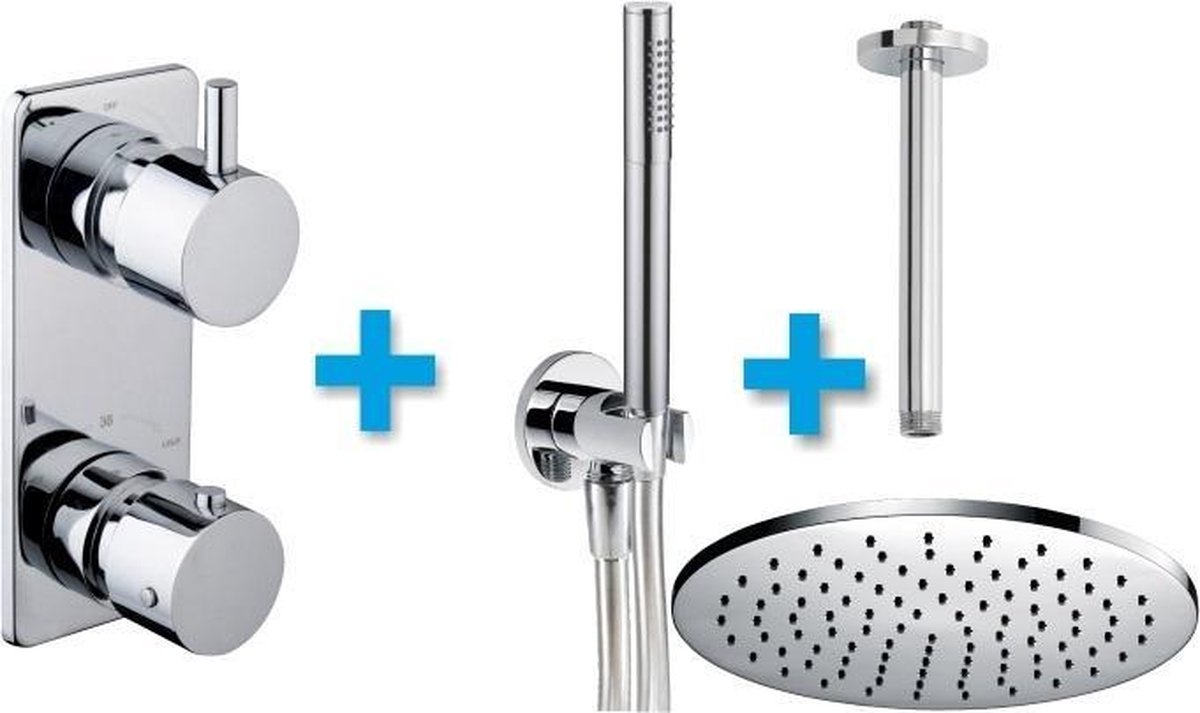Xellanz inbouw doucheset rond met thermostaat plafondbuis en hoofddouche 30cm chroom 29.3972