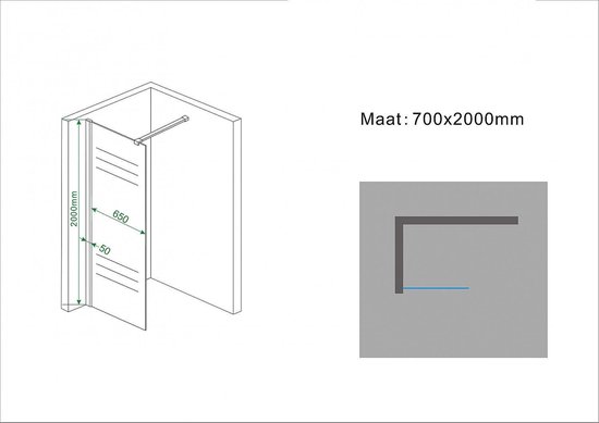 Wiesbaden Partly inloopdouche 70x200cm 10mm NANO coating glas met gedeeltelijk mat glas aluminium profiel zilver 20.4205