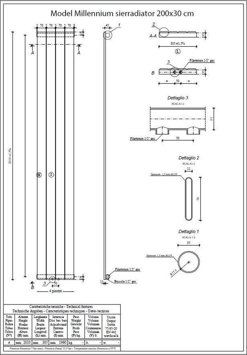 Wiesbaden Millennium sierradiator 200x30cm 652 watt 41.3500 - Wit