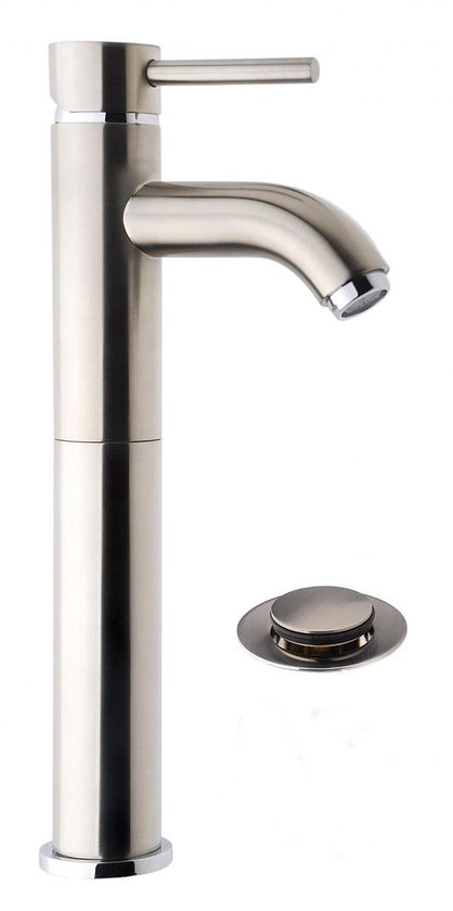 Wiesbaden Cadans wastafelmengkraan hoog model met klikwaste geborsteld staal 29.4105