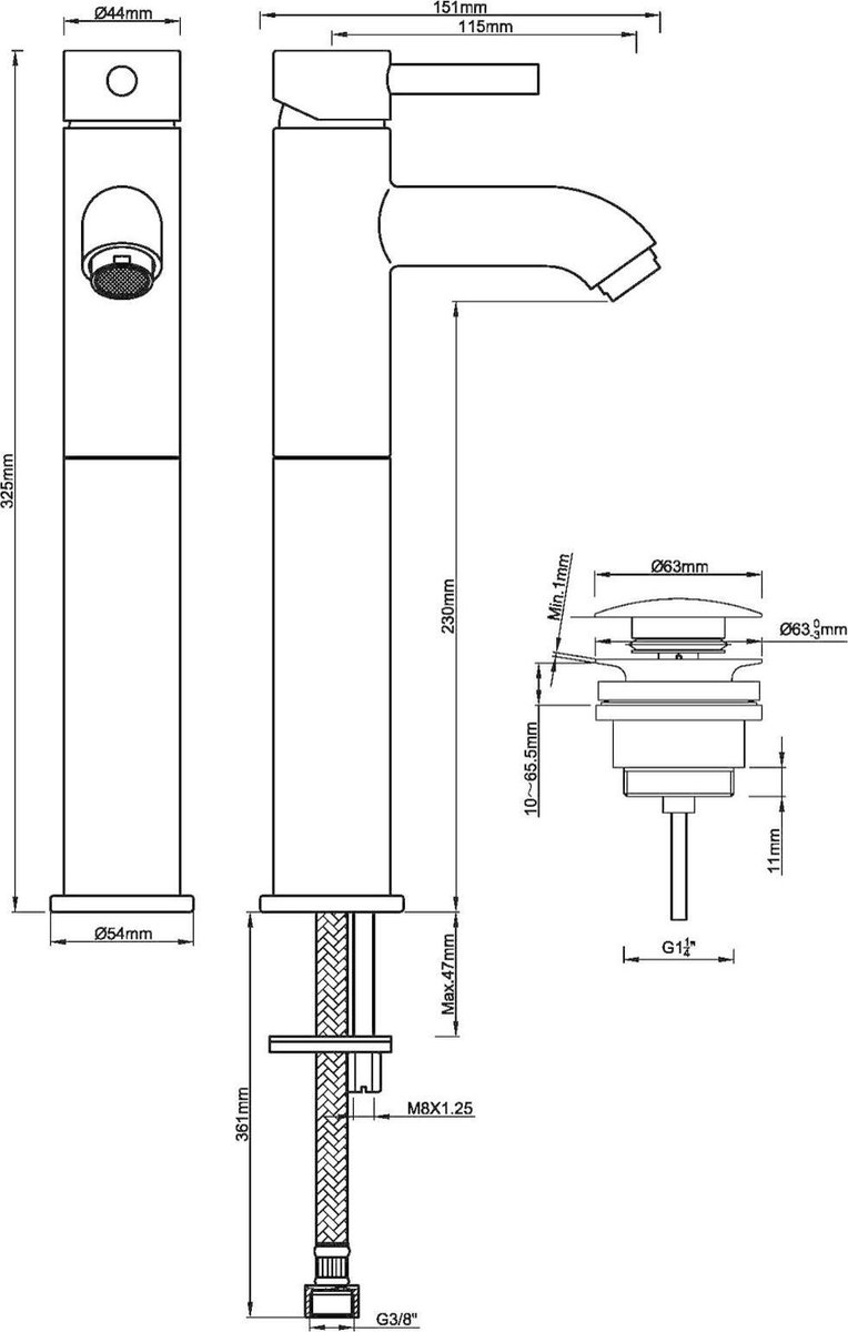 Wiesbaden Cadans wastafelmengkraan hoog model met klikwaste geborsteld staal 29.4105