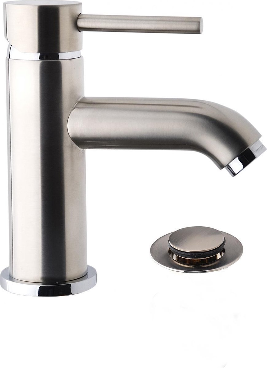 Wiesbaden Cadans wastafelmengkraan laag model met klikwaste geborsteld staal 29.4103