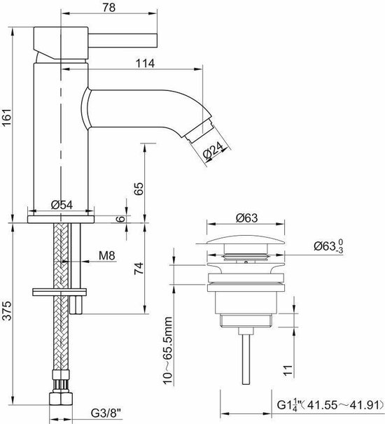 Wiesbaden Cadans wastafelmengkraan laag model met klikwaste geborsteld staal 29.4103