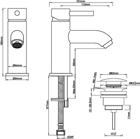 Wiesbaden Cadans wastafelmengkraan laag model met klikwaste geborsteld staal 29.4103